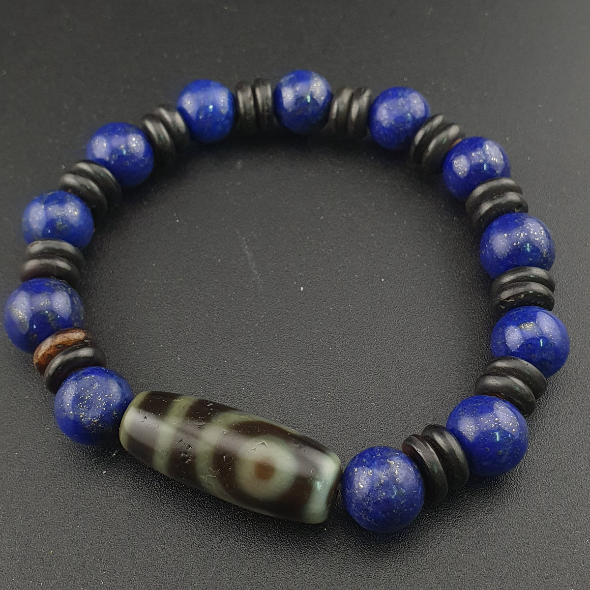 Bracelet perles agate himalayenne 2 yeux et lapis-lazuli vintage