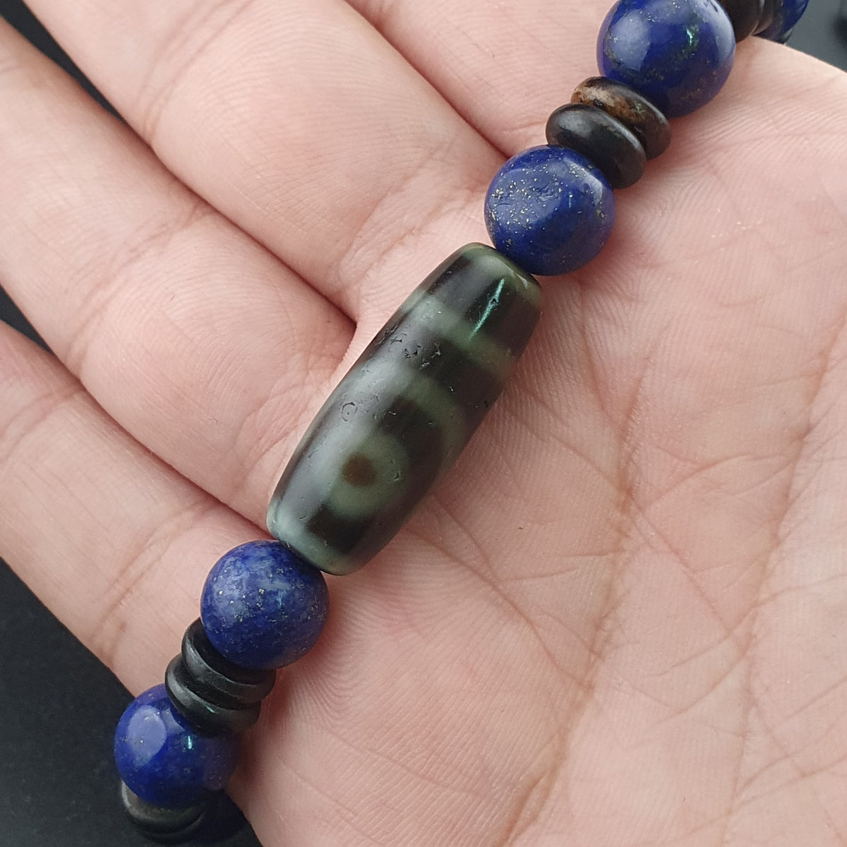 Bracelet perles agate himalayenne 2 yeux et lapis-lazuli vintage