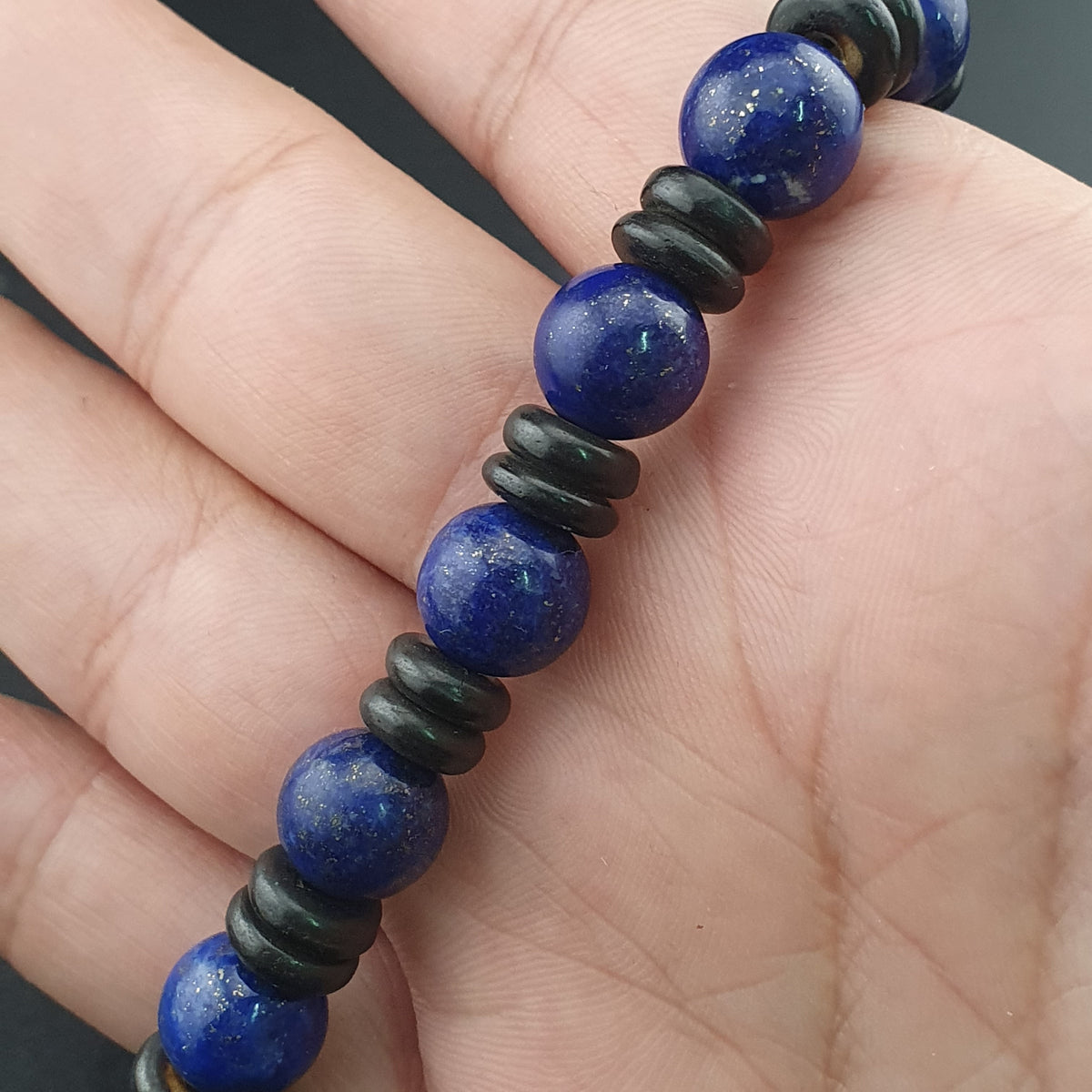 Bracelet perles agate himalayenne 2 yeux et lapis-lazuli vintage