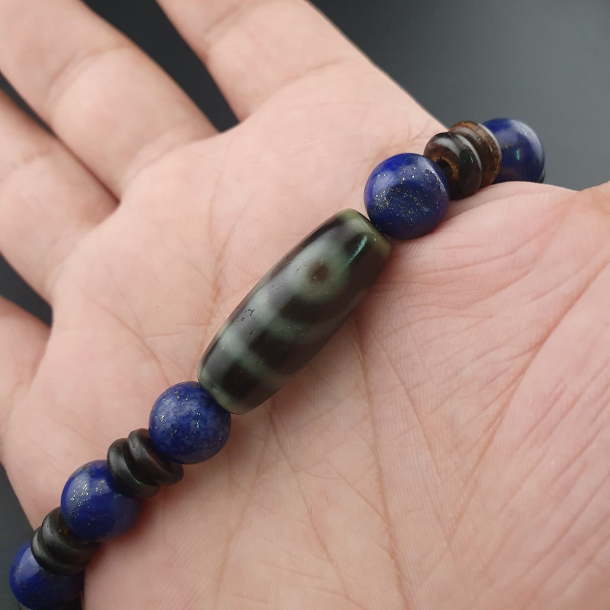 Bracelet perles agate himalayenne 2 yeux et lapis-lazuli vintage