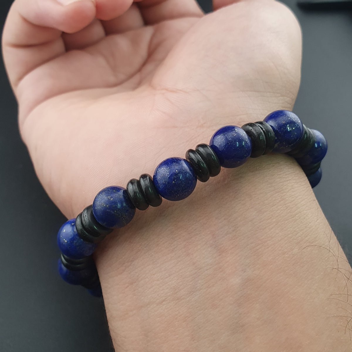 Bracelet perles agate himalayenne 2 yeux et lapis-lazuli vintage