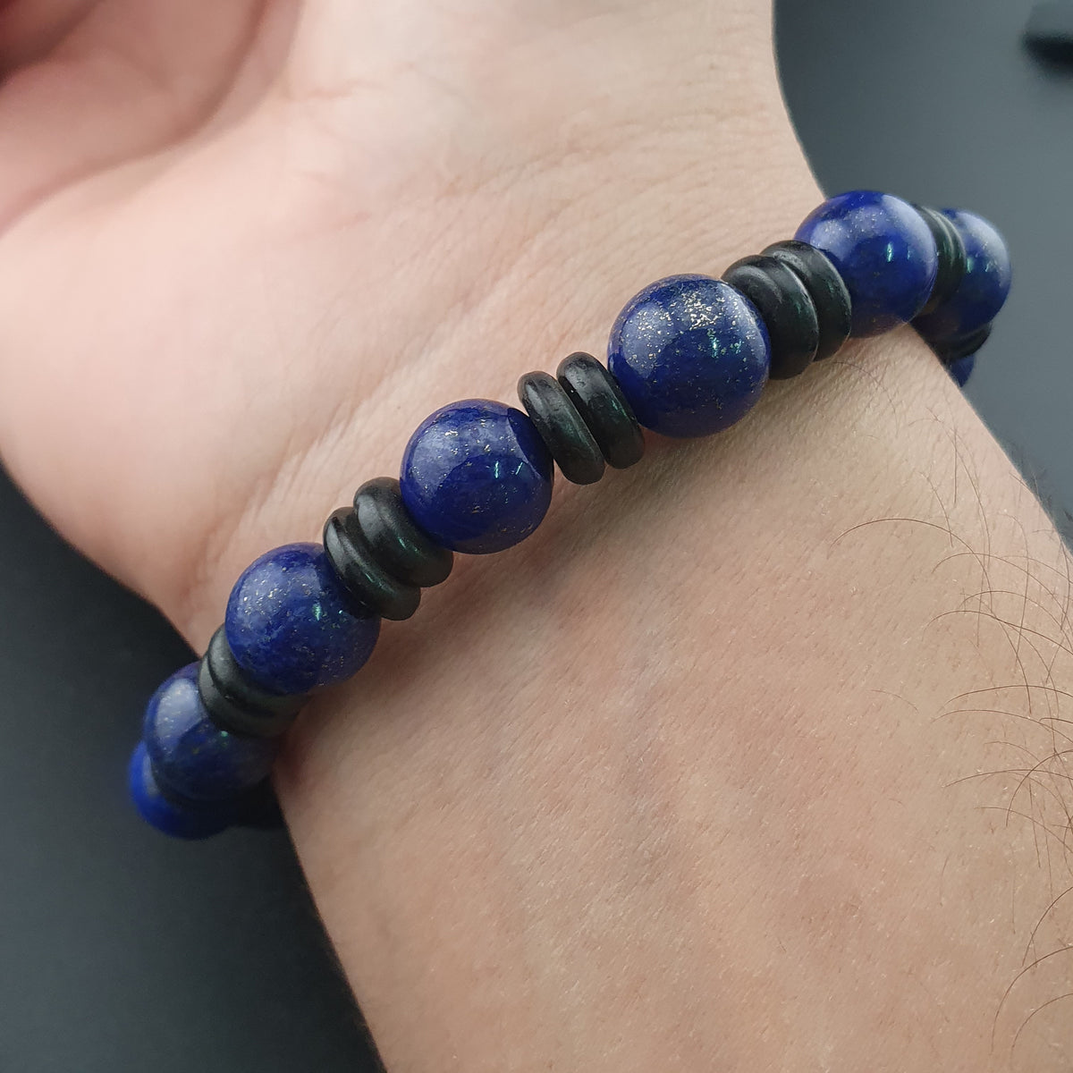 Bracelet perles agate himalayenne 2 yeux et lapis-lazuli vintage