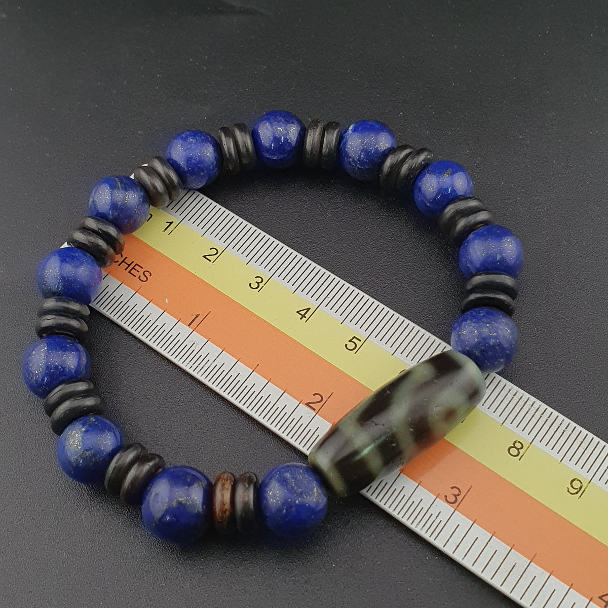 Bracelet perles agate himalayenne 2 yeux et lapis-lazuli vintage