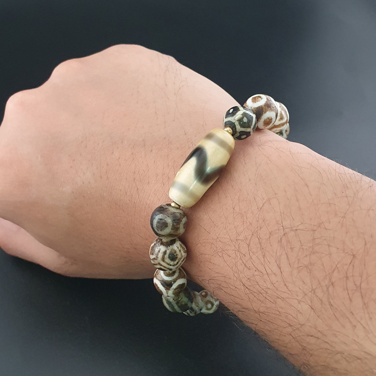 Antikes burmesisches Pumtek-Pyu- & Zickzackmuster-Himalaya-Achat-Perlenarmband