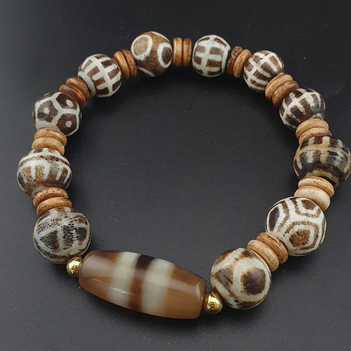 Antikes burmesisches Pumtek Pyu & Streifenmuster Achat Perlenarmband