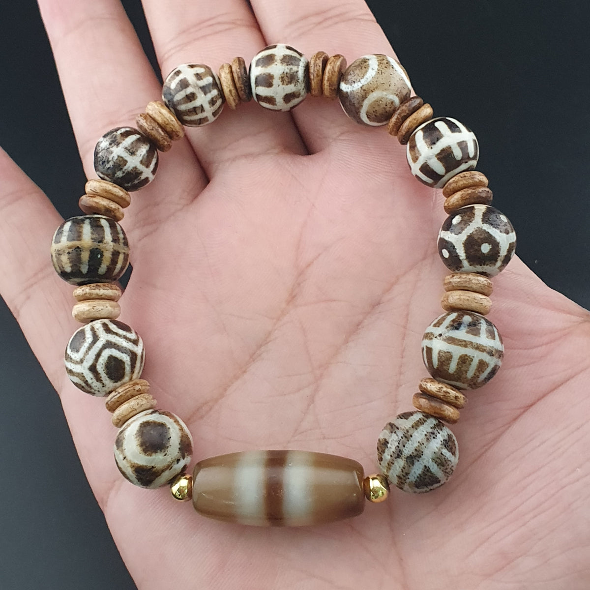 Antikes burmesisches Pumtek Pyu & Streifenmuster Achat Perlenarmband