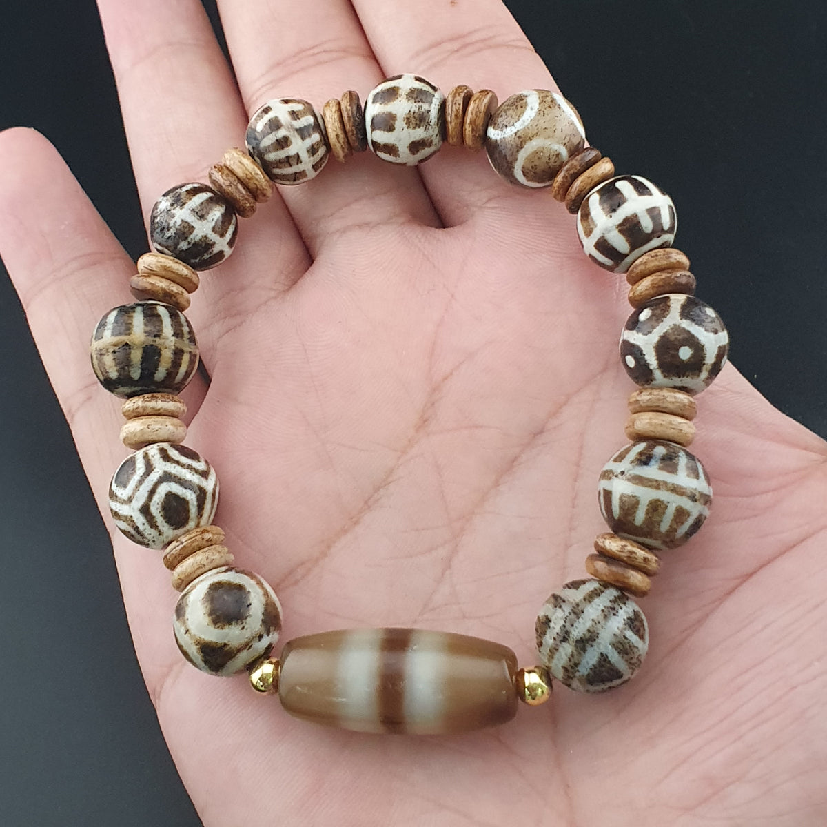 Antikes burmesisches Pumtek Pyu & Streifenmuster Achat Perlenarmband