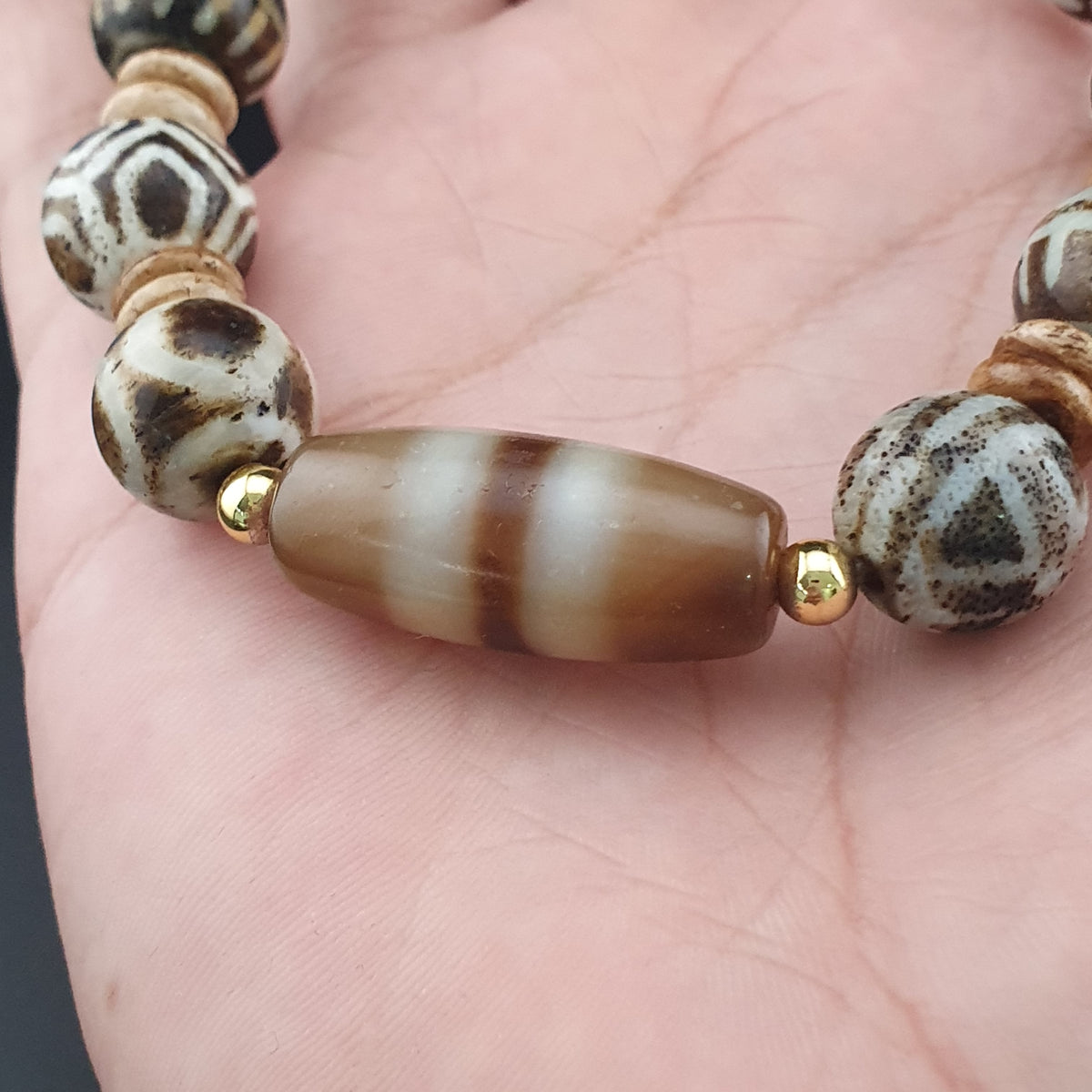 Antikes burmesisches Pumtek Pyu & Streifenmuster Achat Perlenarmband