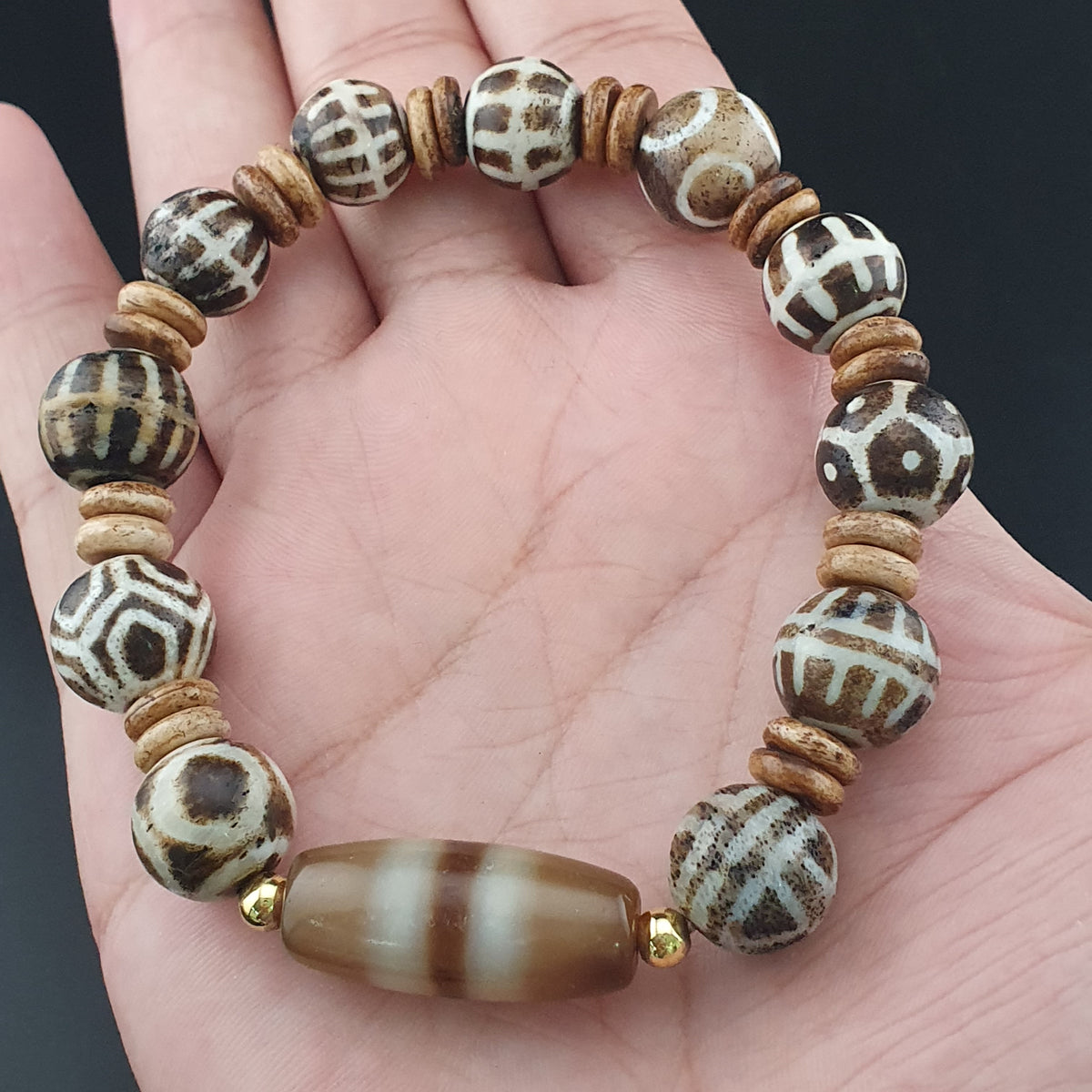Antikes burmesisches Pumtek Pyu & Streifenmuster Achat Perlenarmband