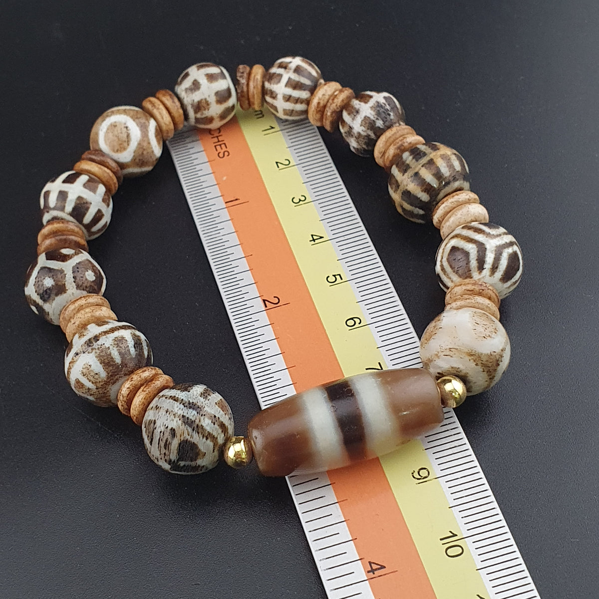 Antikes burmesisches Pumtek Pyu & Streifenmuster Achat Perlenarmband
