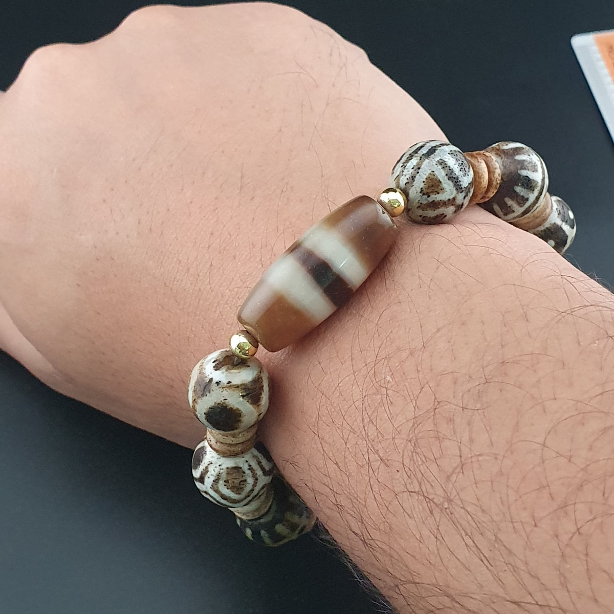 Antikes burmesisches Pumtek Pyu & Streifenmuster Achat Perlenarmband