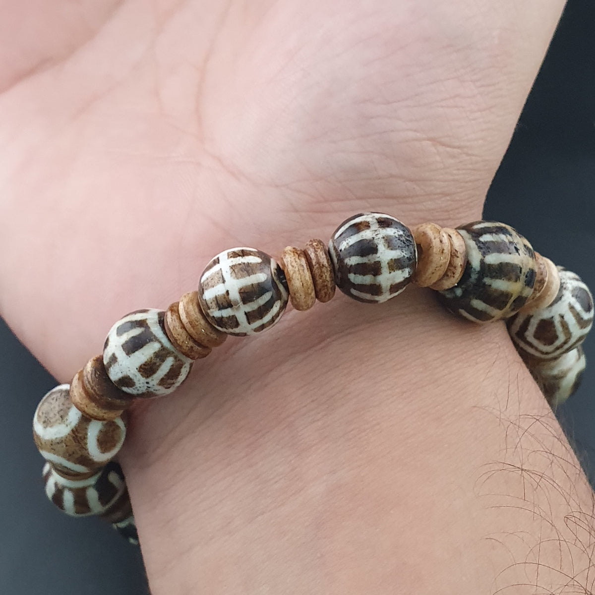 Antikes burmesisches Pumtek Pyu & Streifenmuster Achat Perlenarmband