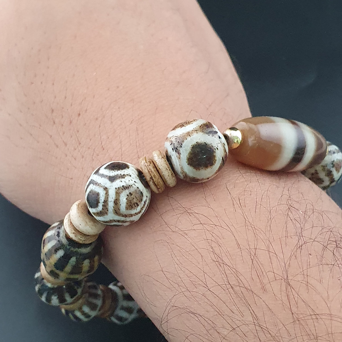Antikes burmesisches Pumtek Pyu & Streifenmuster Achat Perlenarmband