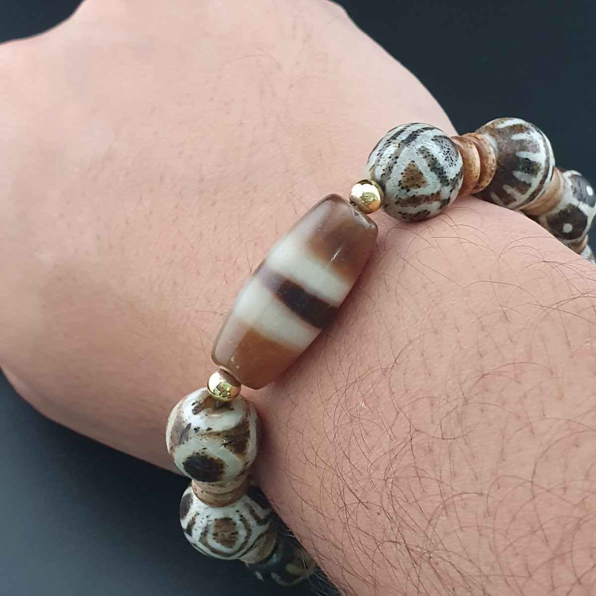 Antikes burmesisches Pumtek Pyu & Streifenmuster Achat Perlenarmband