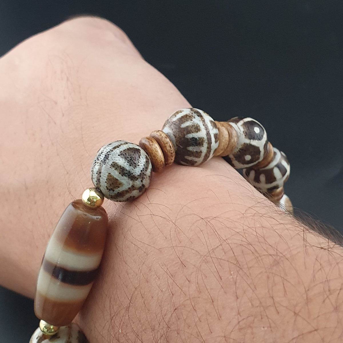 Antikes burmesisches Pumtek Pyu & Streifenmuster Achat Perlenarmband