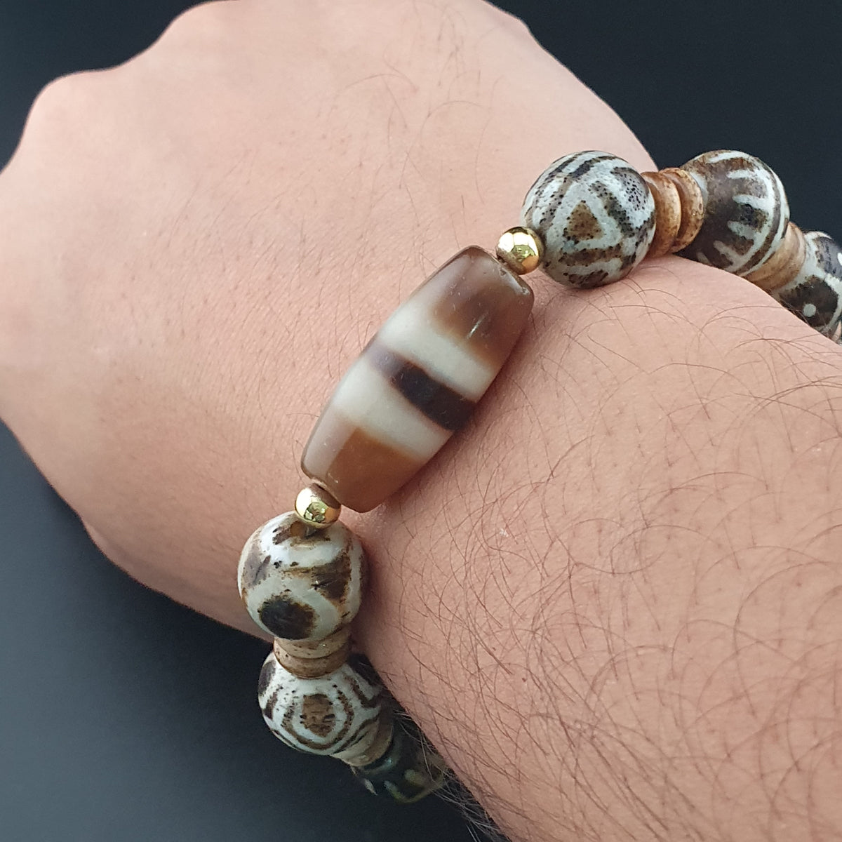 Antikes burmesisches Pumtek Pyu & Streifenmuster Achat Perlenarmband