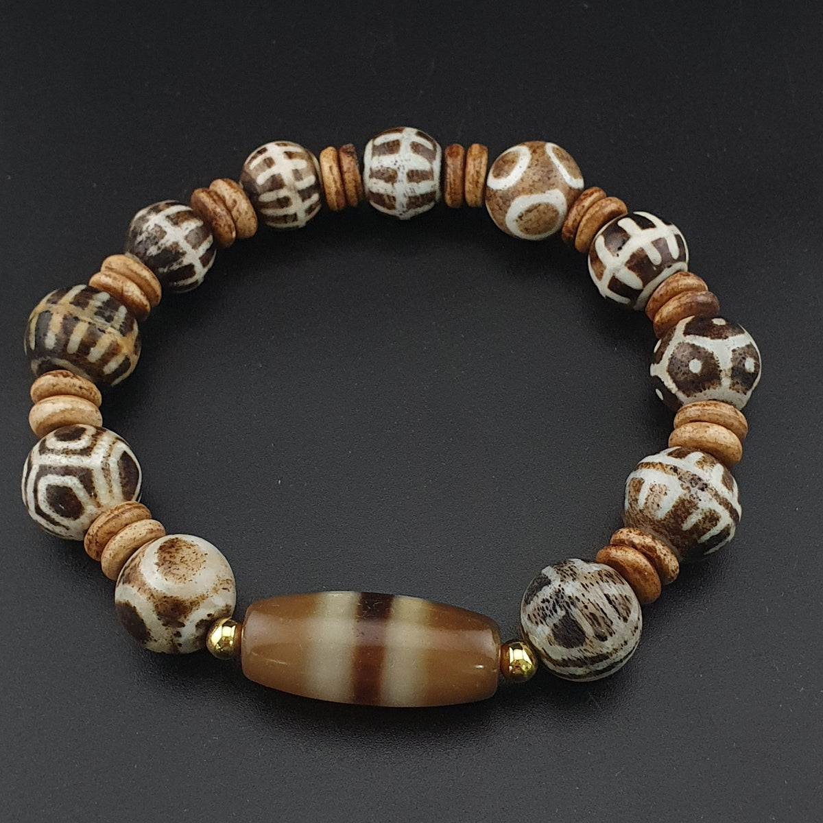 Antikes burmesisches Pumtek Pyu & Streifenmuster Achat Perlenarmband