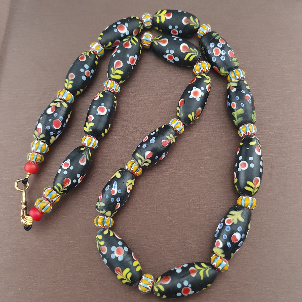 Antique Venetian Style Floral & Chevron Glass Beaded Necklace