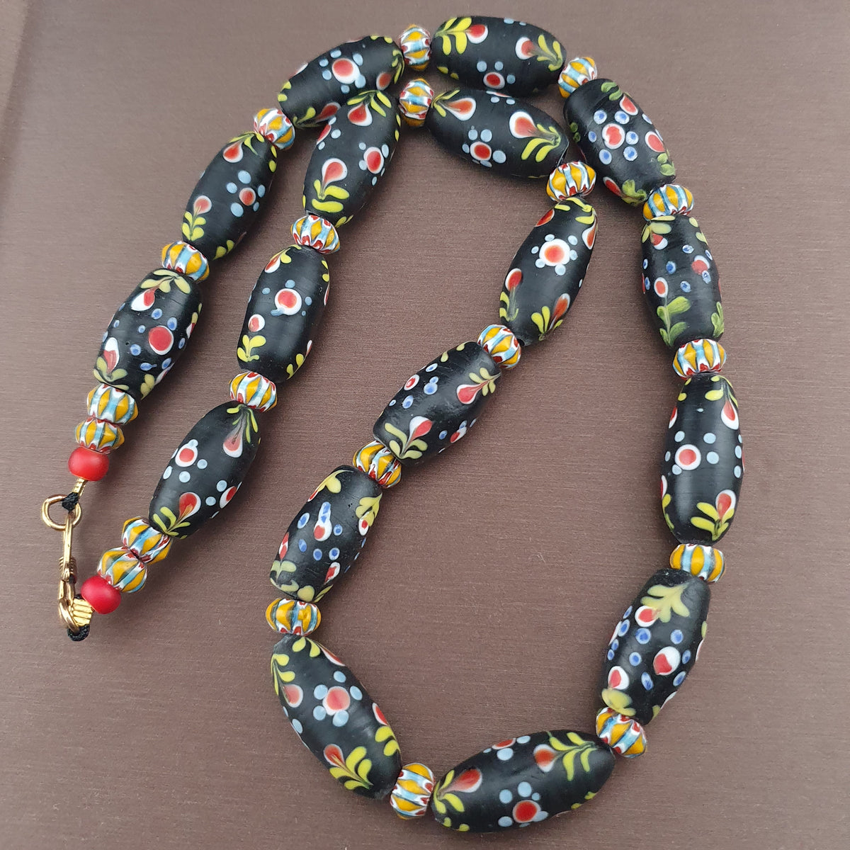 Antique Venetian Style Floral & Chevron Glass Beaded Necklace