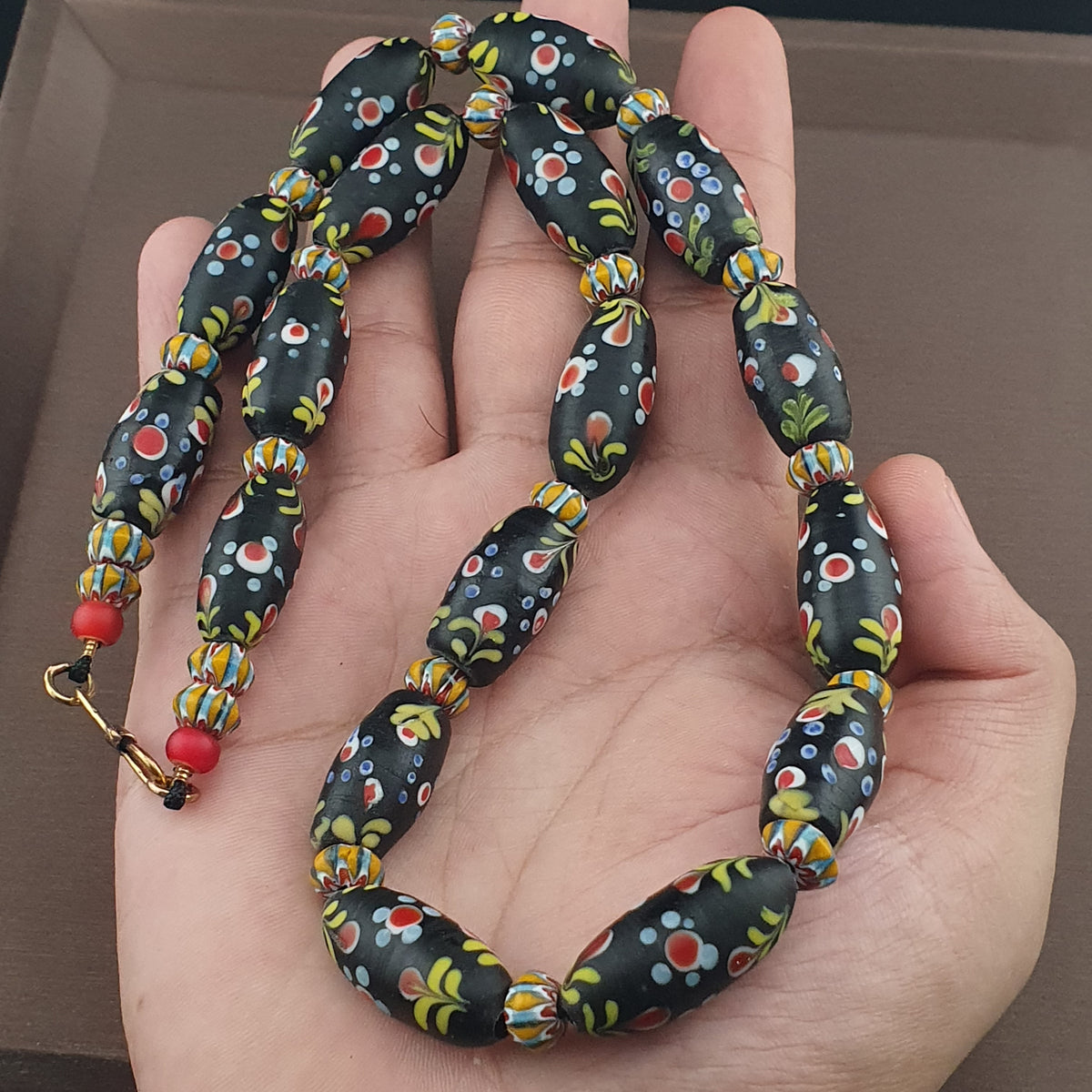 Antique Venetian Style Floral & Chevron Glass Beaded Necklace