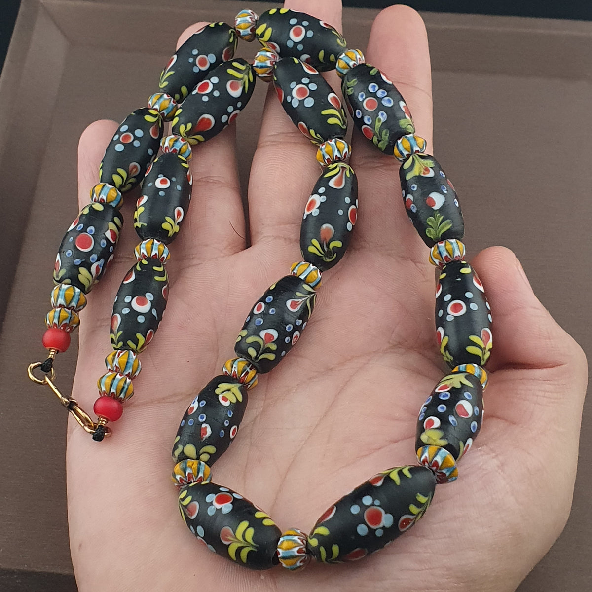 Antique Venetian Style Floral & Chevron Glass Beaded Necklace