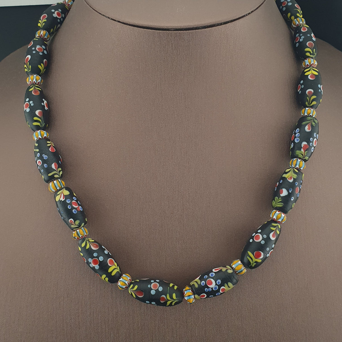 Antique Venetian Style Floral & Chevron Glass Beaded Necklace