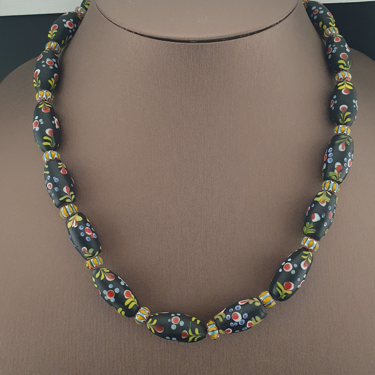 Antique Venetian Style Floral & Chevron Glass Beaded Necklace