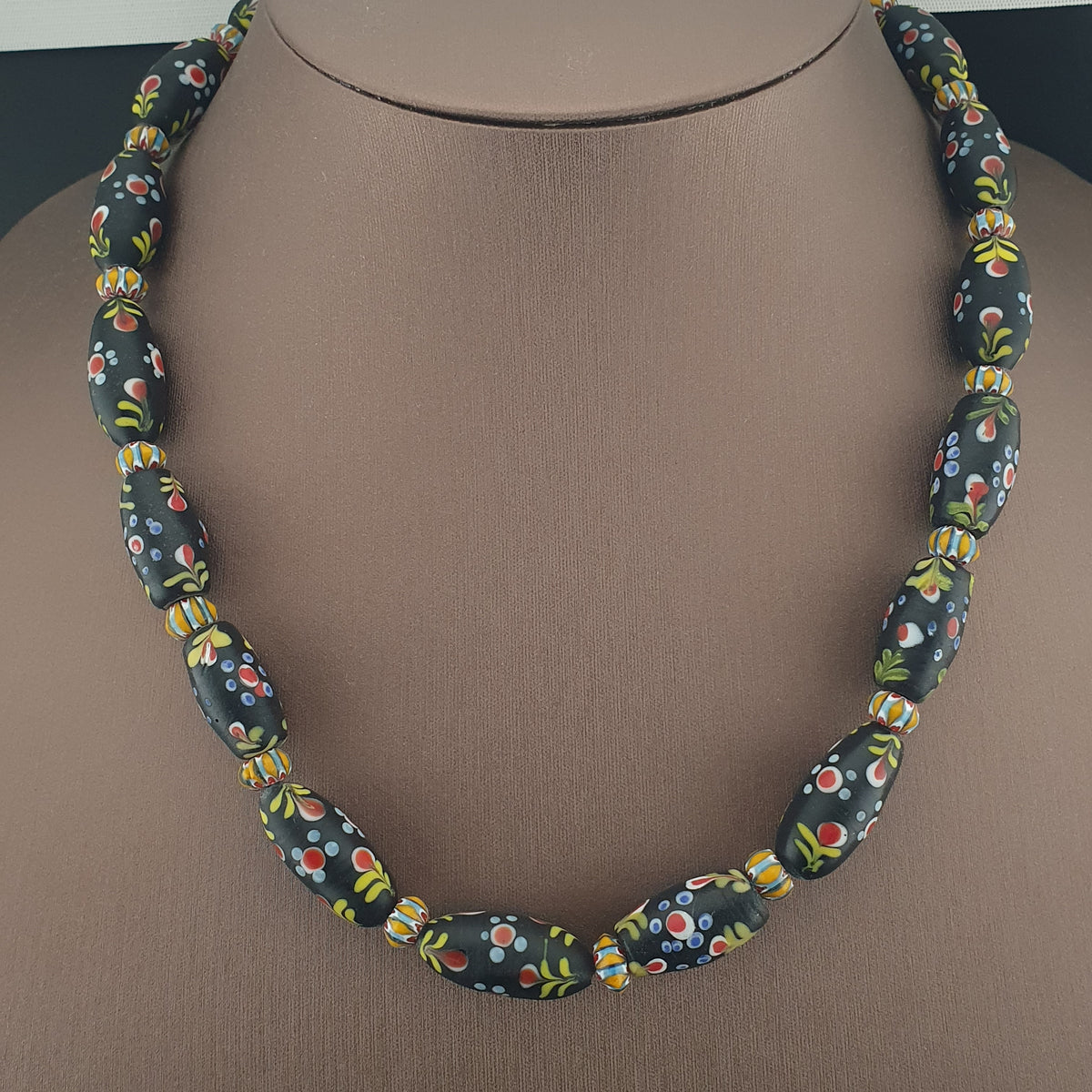 Antique Venetian Style Floral & Chevron Glass Beaded Necklace