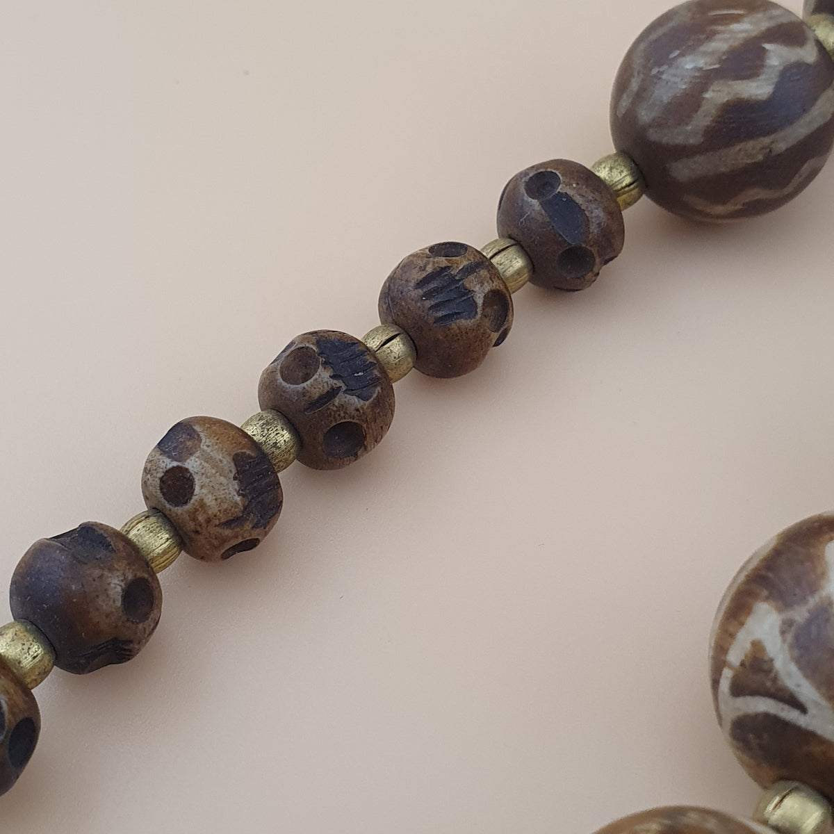 Burmese Ancient Style Pumtek Pyu Beads & Skull Shape Bone Beads Necklace