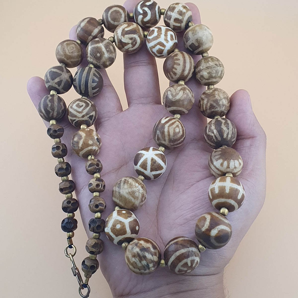 Burmese Ancient Style Pumtek Pyu Beads & Skull Shape Bone Beads Necklace