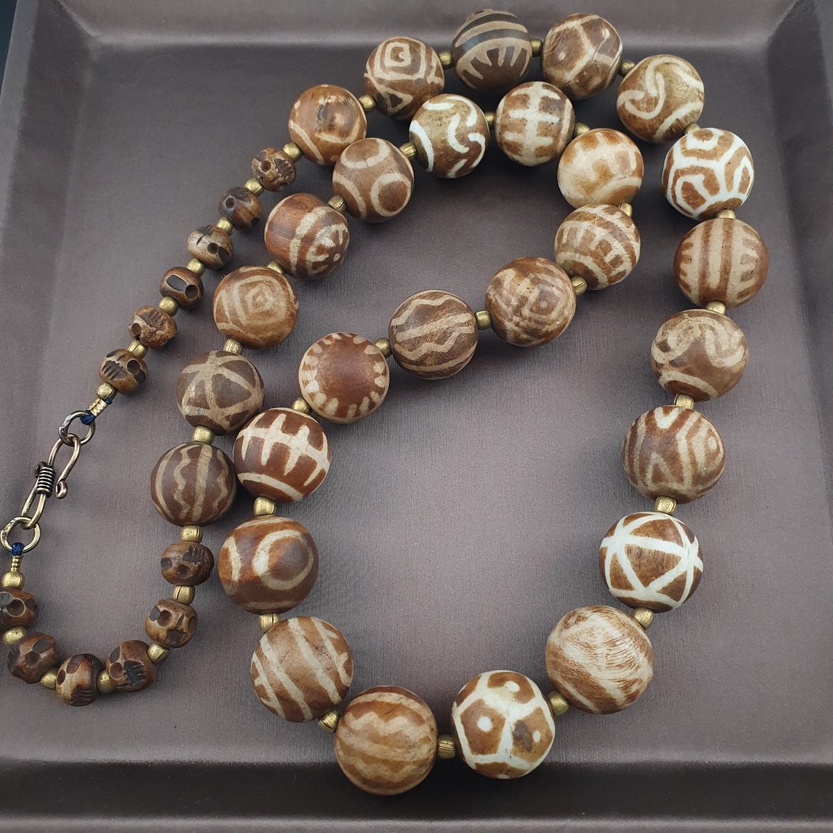Burmese Ancient Style Pumtek Pyu Beads & Skull Shape Bone Beads Necklace