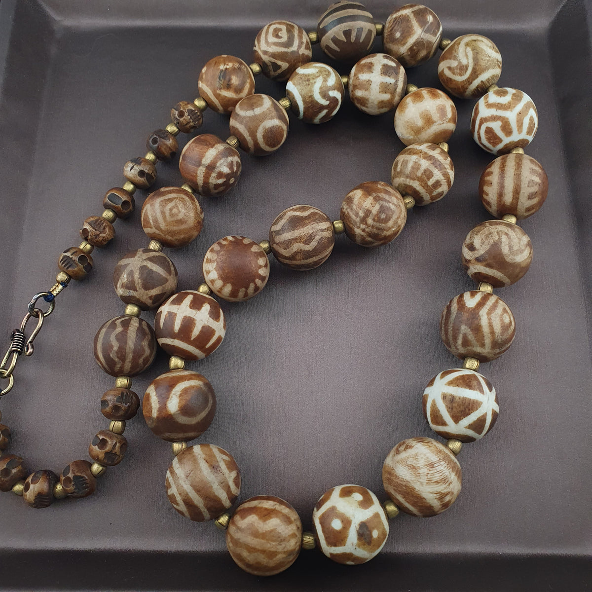 Burmese Ancient Style Pumtek Pyu Beads & Skull Shape Bone Beads Necklace