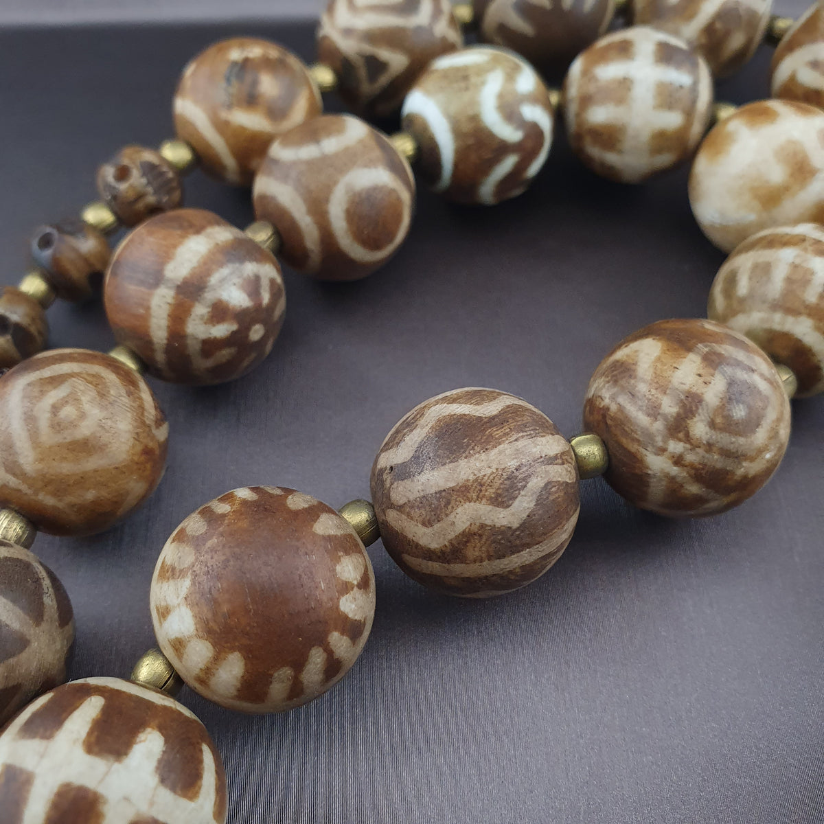 Burmese Ancient Style Pumtek Pyu Beads & Skull Shape Bone Beads Necklace