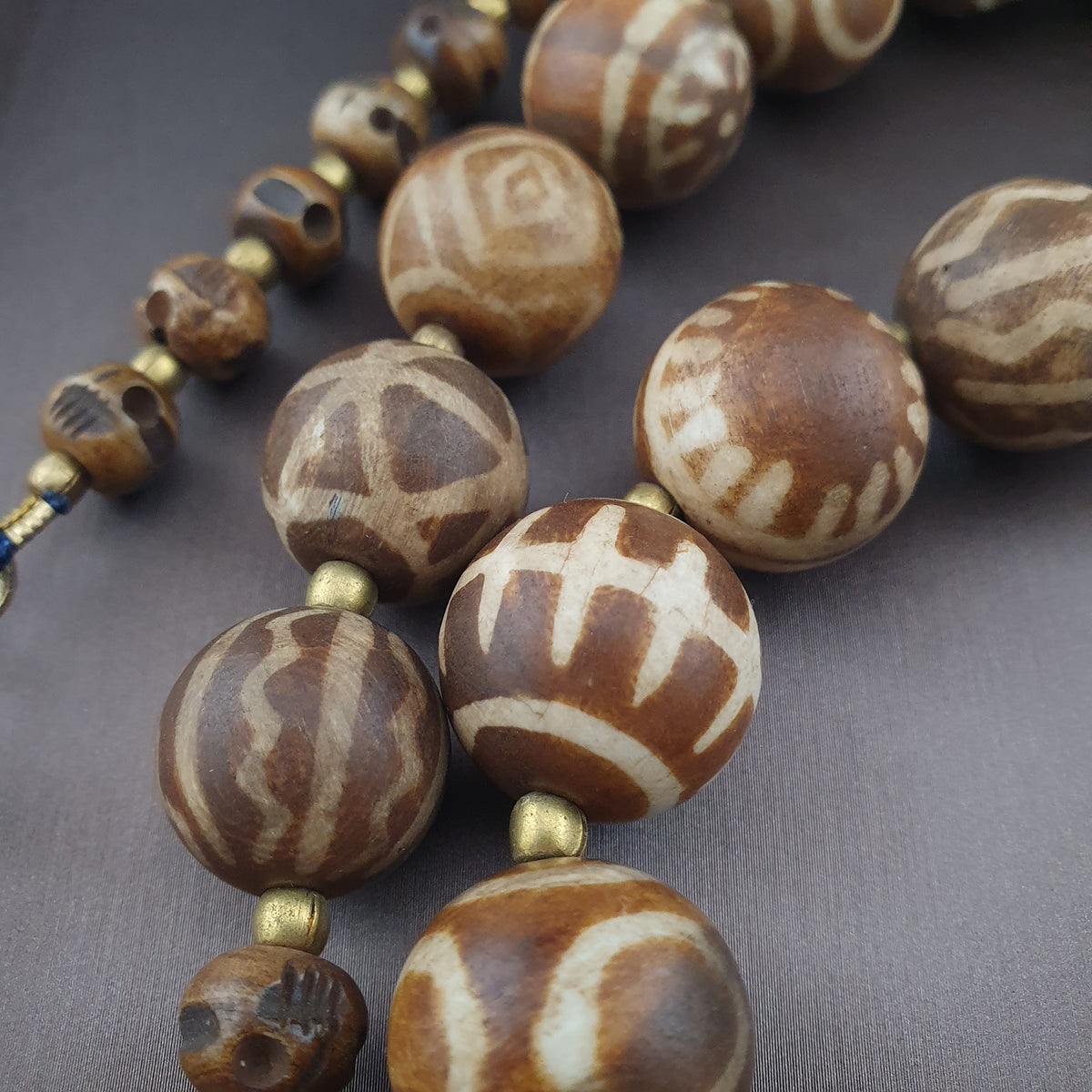 Burmese Ancient Style Pumtek Pyu Beads & Skull Shape Bone Beads Necklace