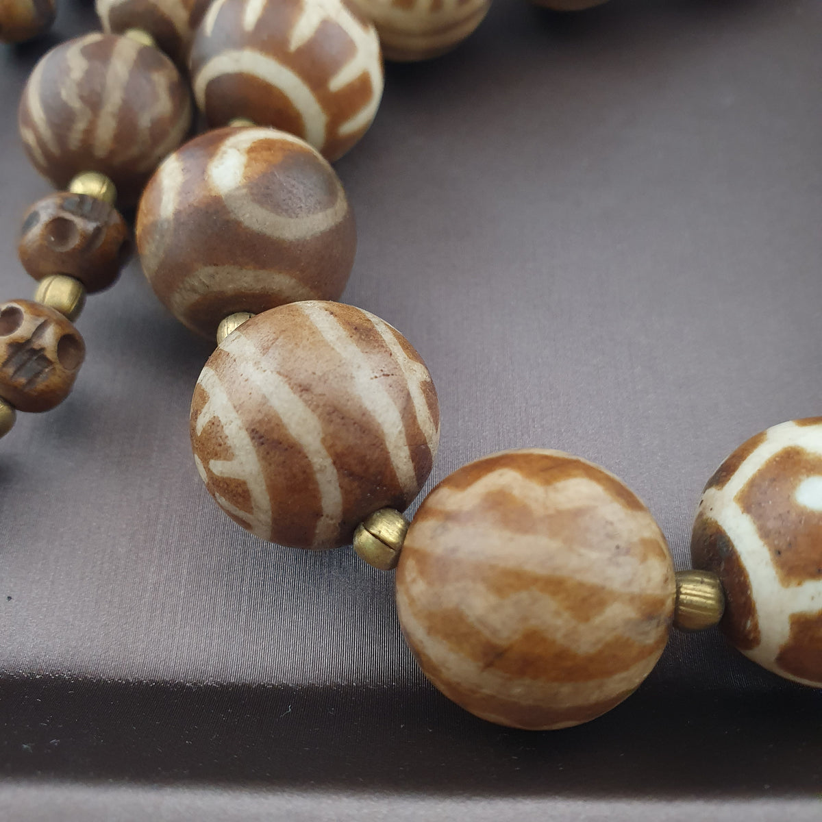 Burmese Ancient Style Pumtek Pyu Beads & Skull Shape Bone Beads Necklace