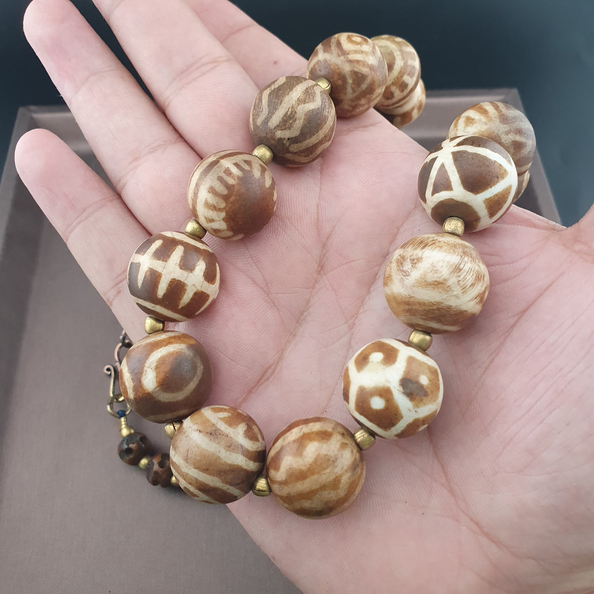 Burmese Ancient Style Pumtek Pyu Beads & Skull Shape Bone Beads Necklace