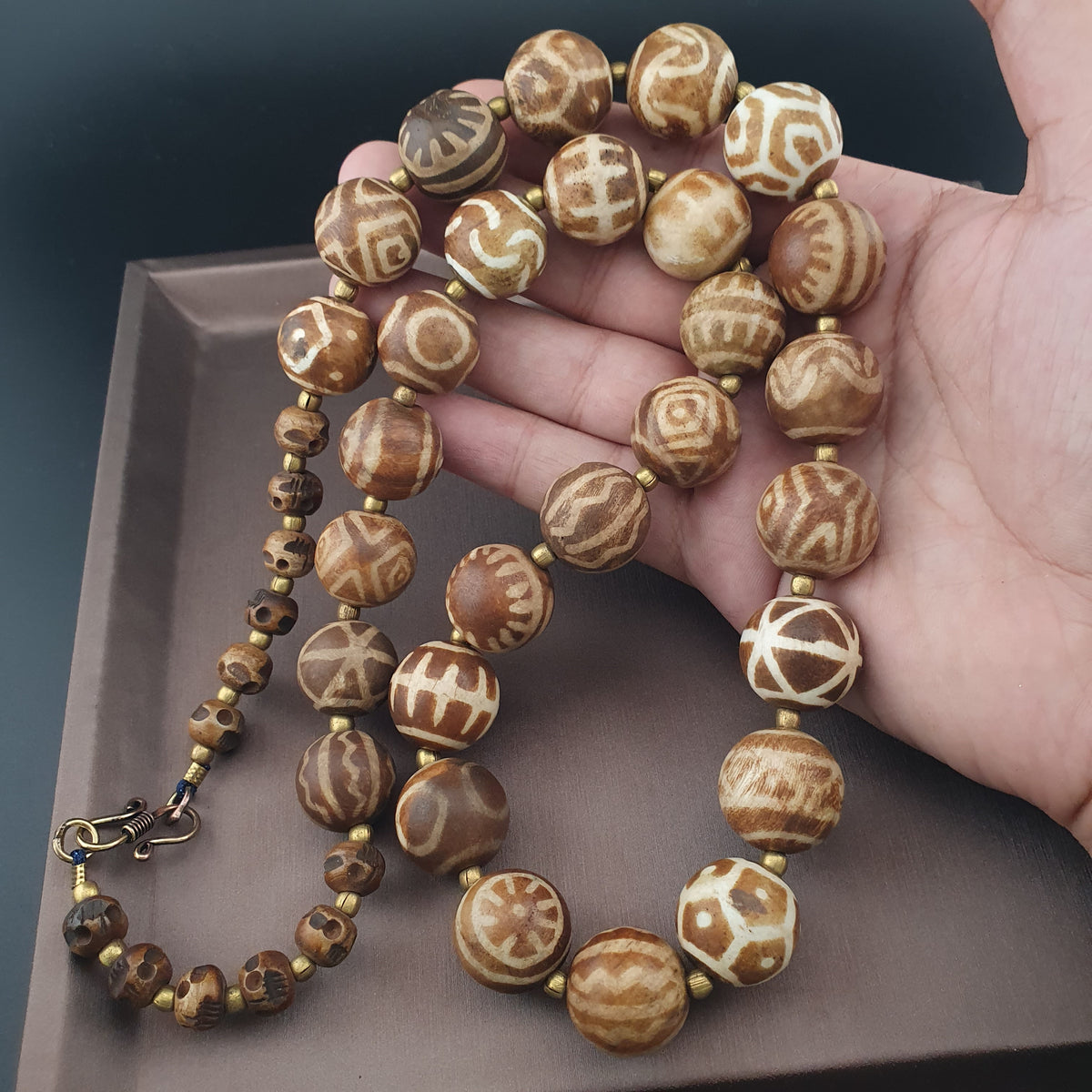 Burmese Ancient Style Pumtek Pyu Beads & Skull Shape Bone Beads Necklace