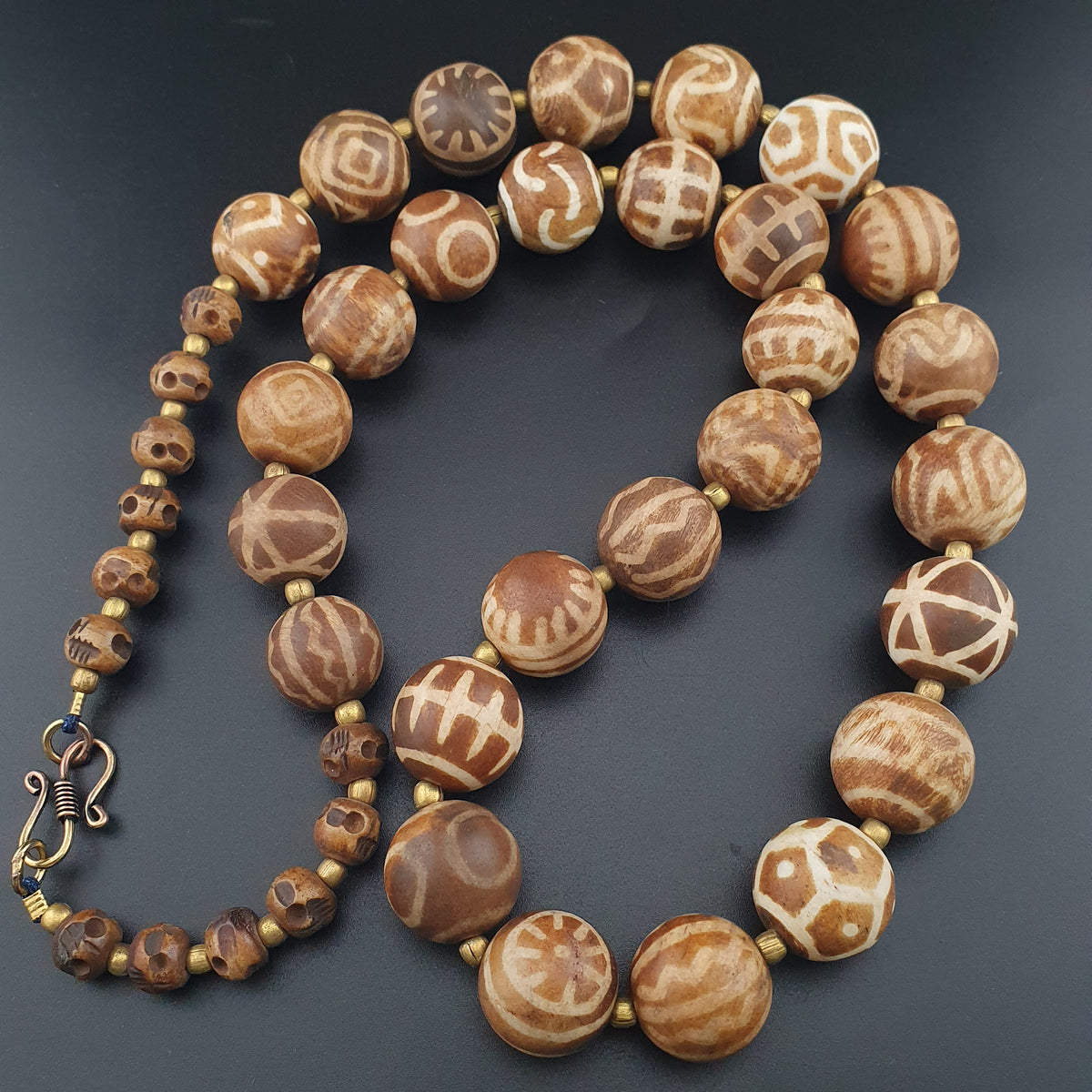 Burmese Ancient Style Pumtek Pyu Beads & Skull Shape Bone Beads Necklace