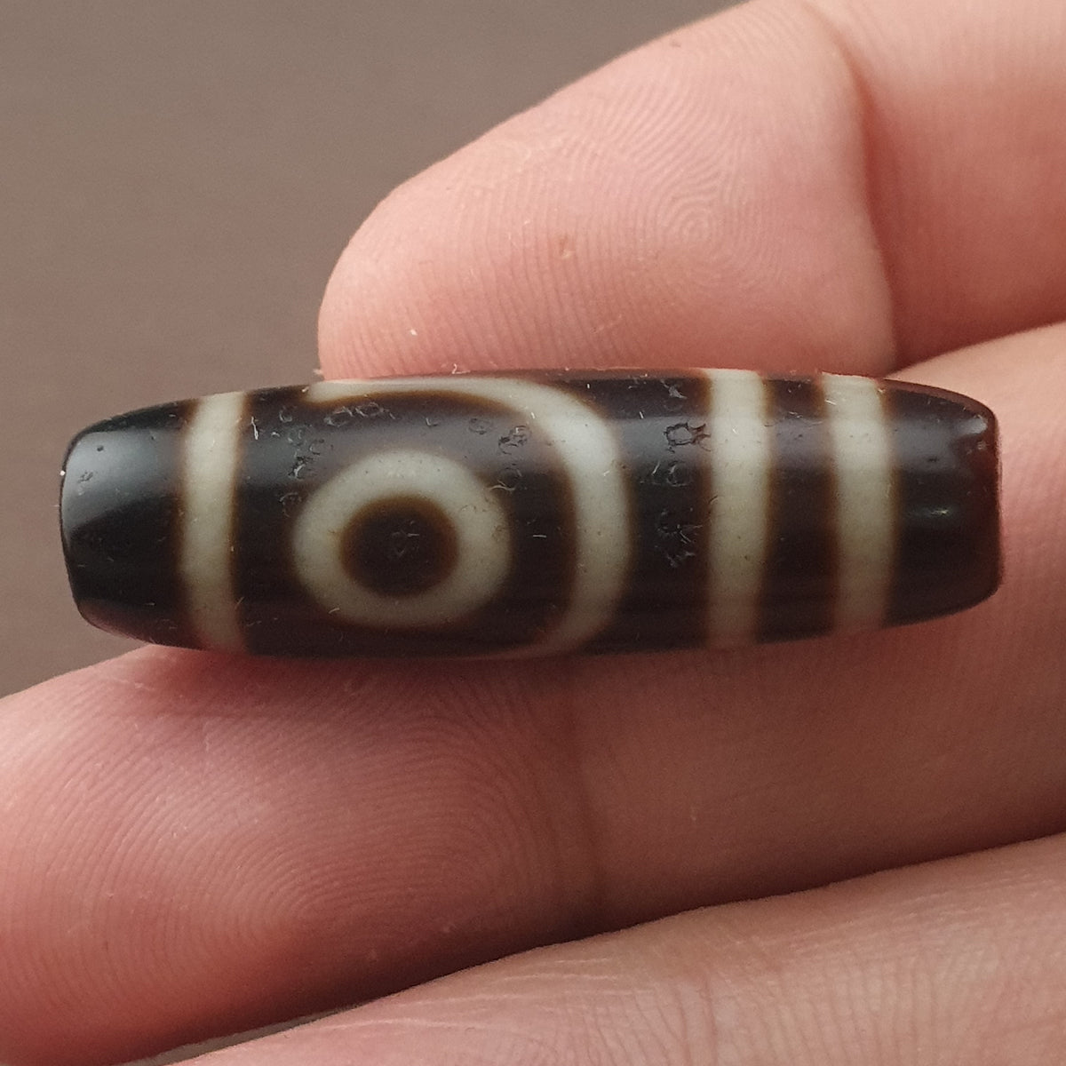 Amulette ancienne de perle Dzi en agate tibétaine de l'Himalaya à 2 yeux