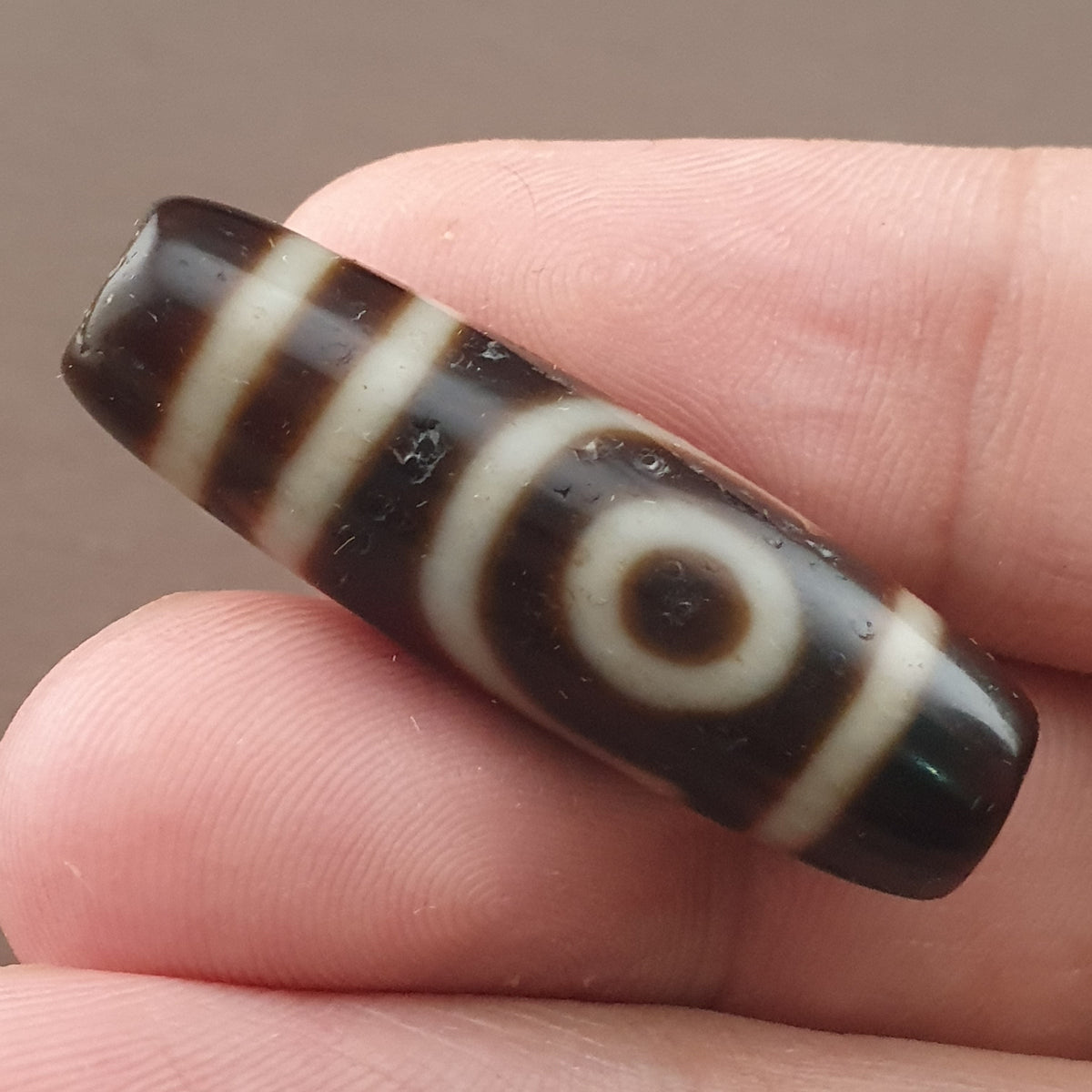 Amulette ancienne de perle Dzi en agate tibétaine de l'Himalaya à 2 yeux