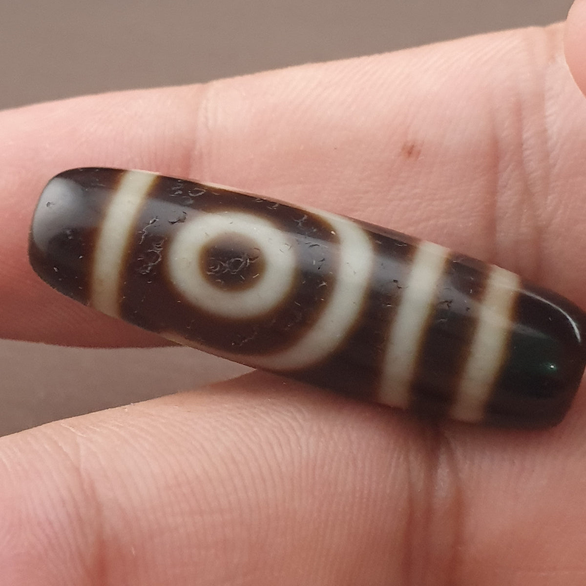 Amulette ancienne de perle Dzi en agate tibétaine de l'Himalaya à 2 yeux