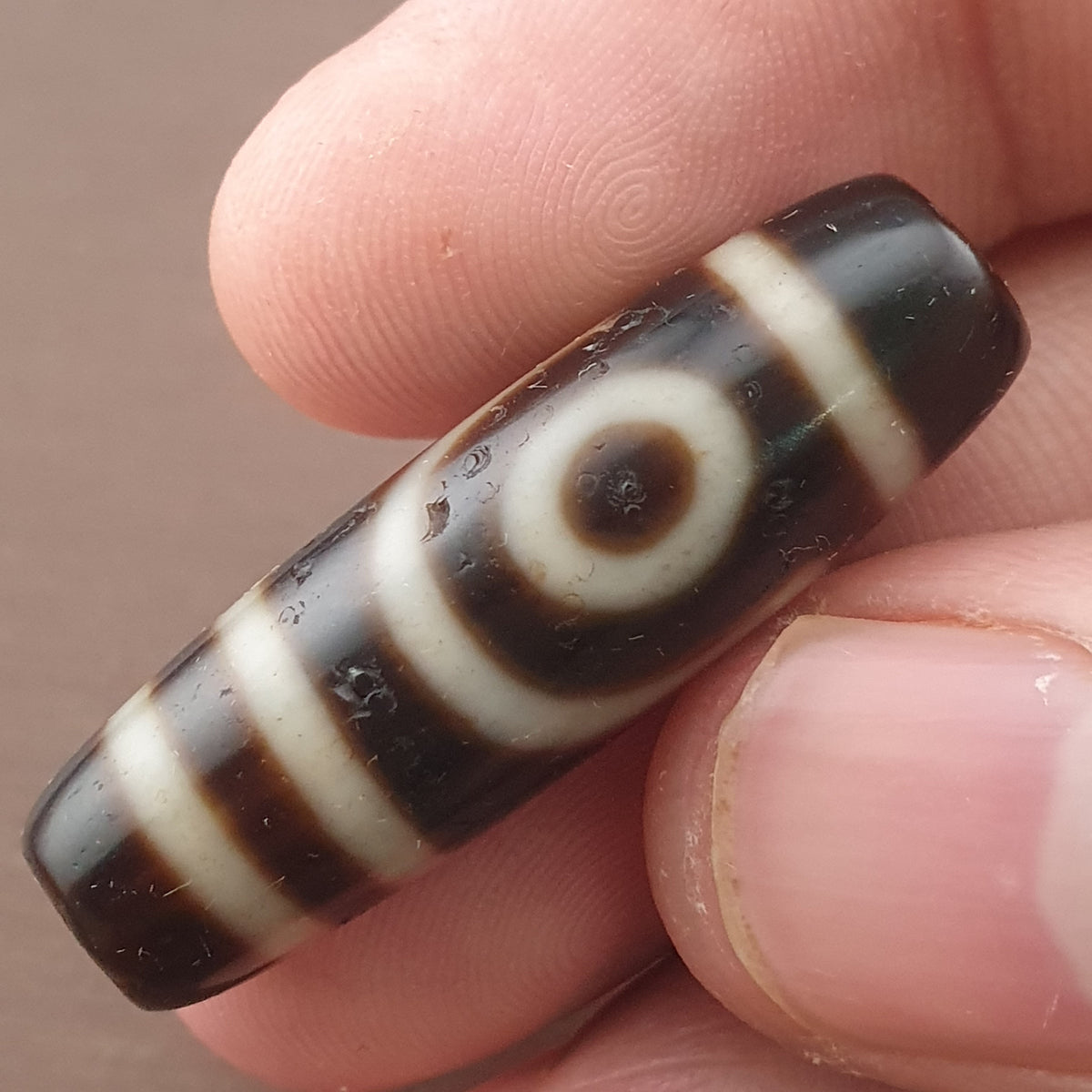 Amulette ancienne de perle Dzi en agate tibétaine de l'Himalaya à 2 yeux