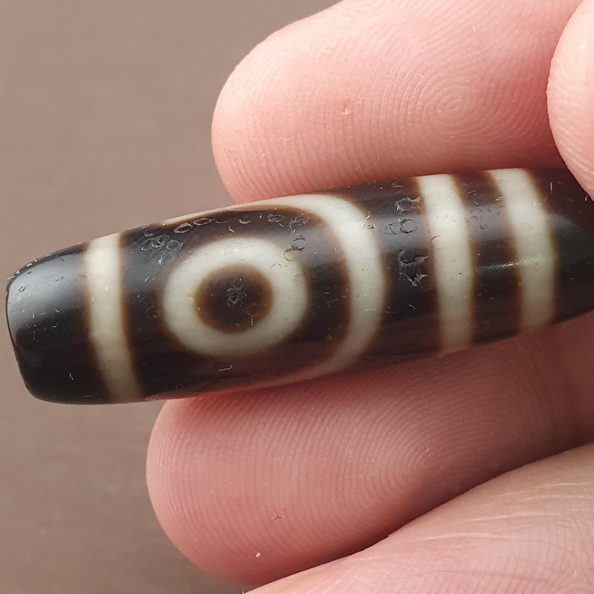 Amulette ancienne de perle Dzi en agate tibétaine de l'Himalaya à 2 yeux