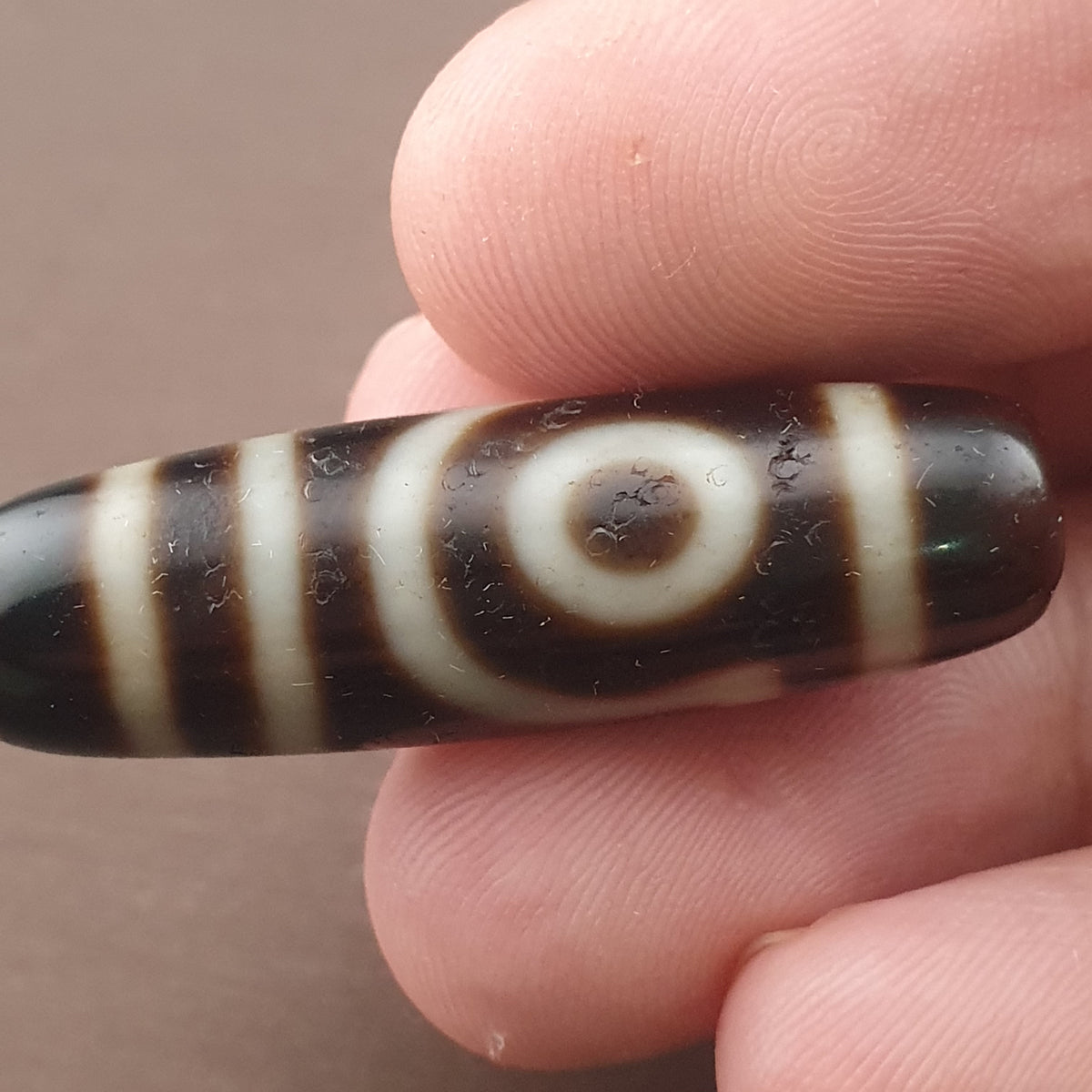 Amulette ancienne de perle Dzi en agate tibétaine de l'Himalaya à 2 yeux