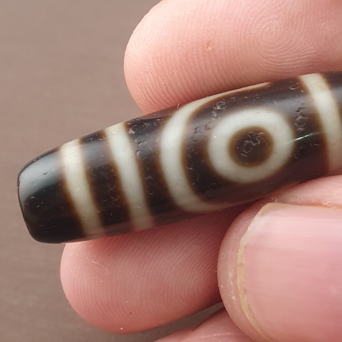 Amulette ancienne de perle Dzi en agate tibétaine de l'Himalaya à 2 yeux