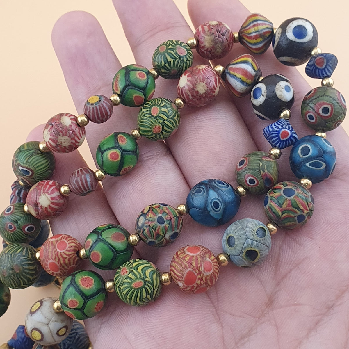 Antique Venetian Ancient Gabri Style Eyes Glass Beads Necklace