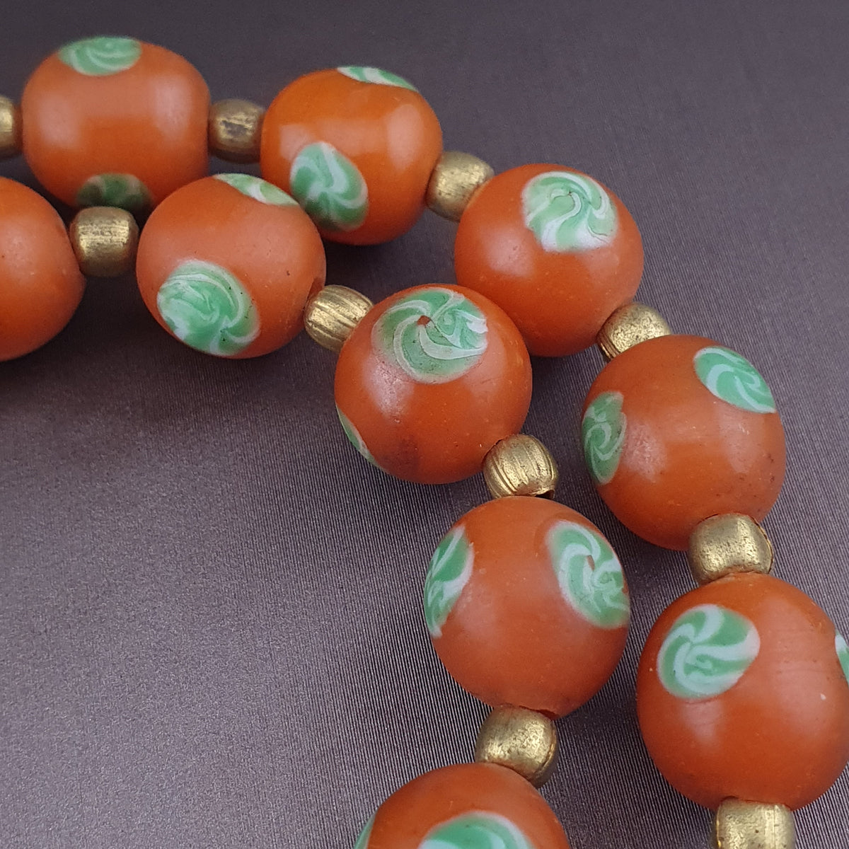 Vintage Venetian Style Orange Floral Glass With pumtek pyu Pendant Necklace