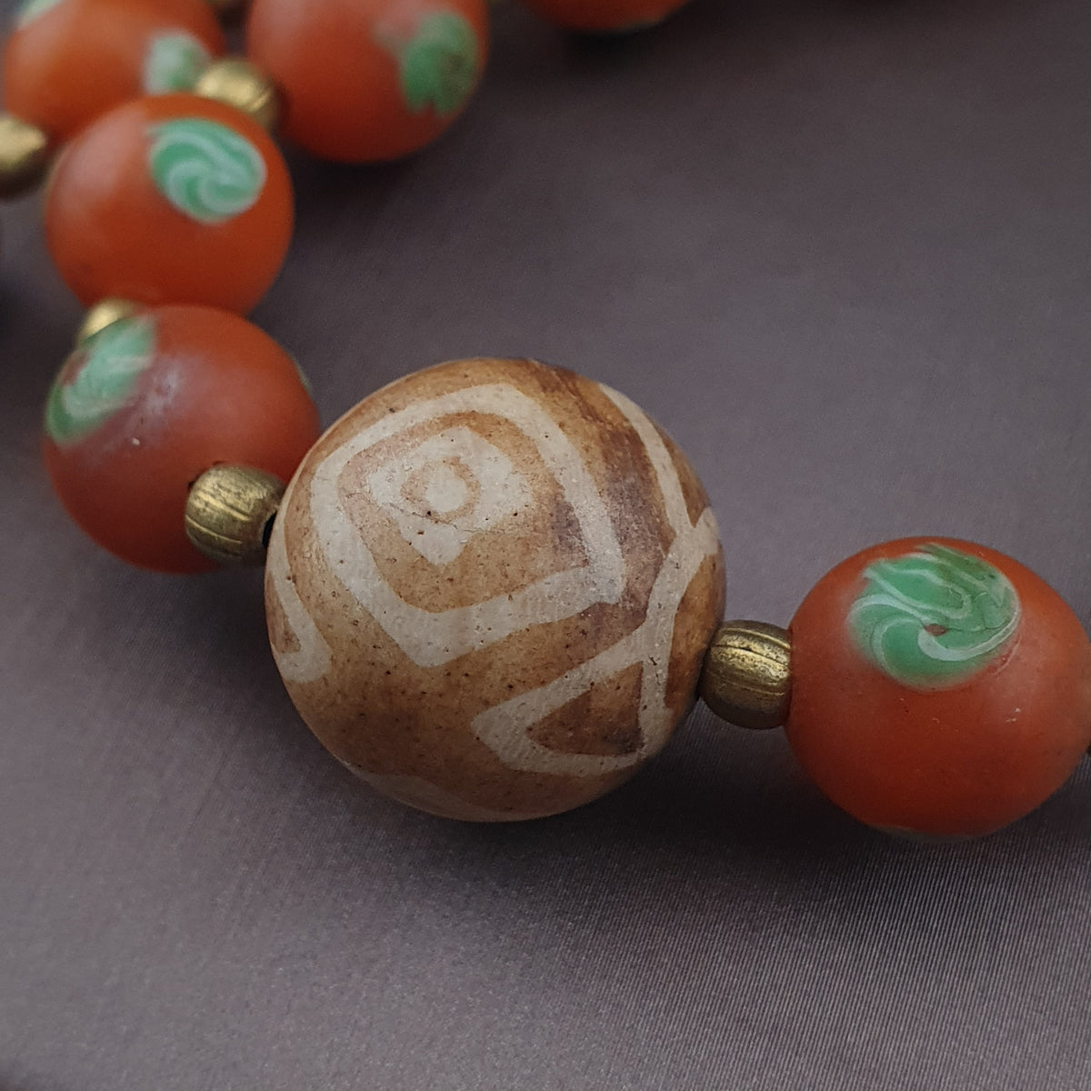Vintage Venetian Style Orange Floral Glass With pumtek pyu Pendant Necklace