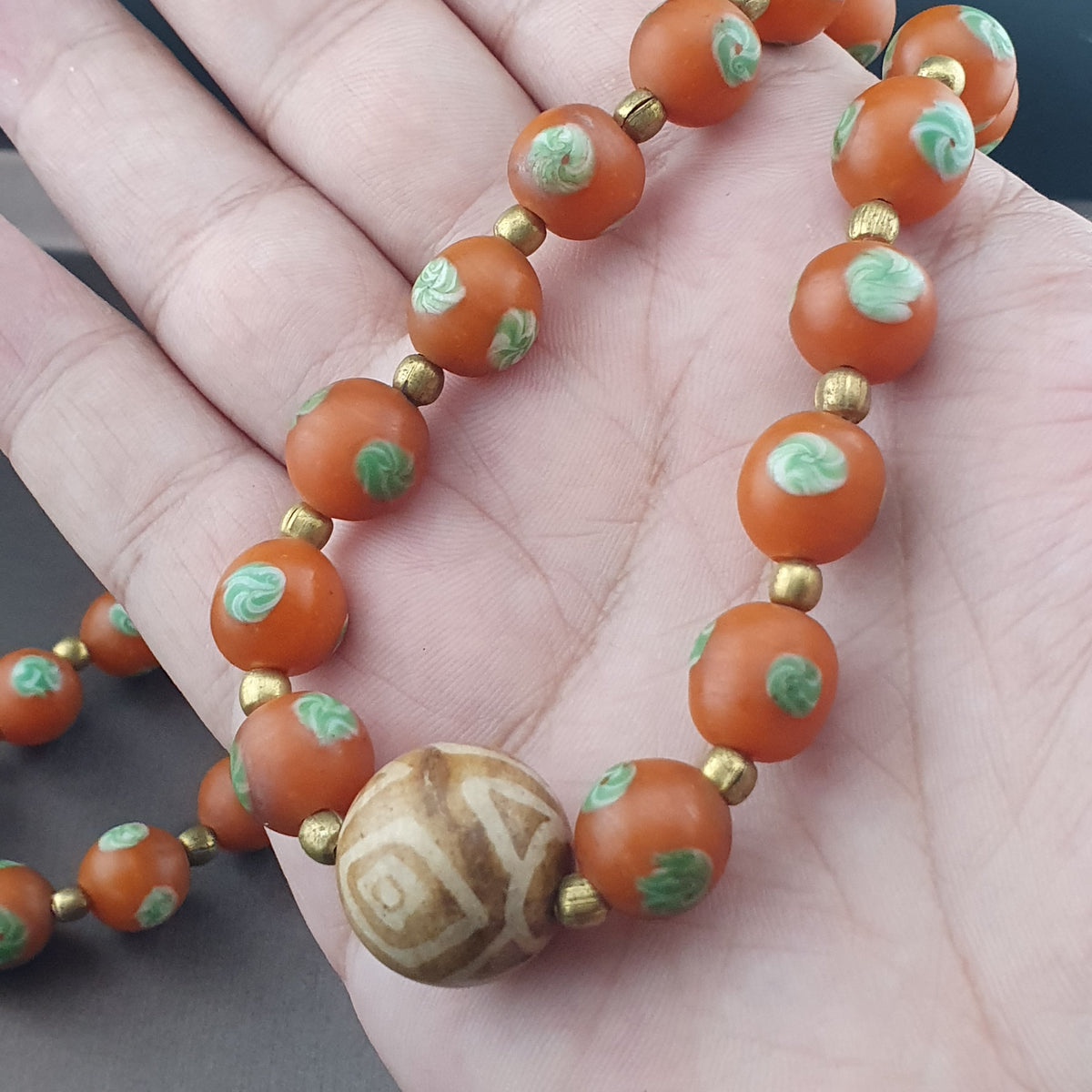 Vintage Venetian Style Orange Floral Glass With pumtek pyu Pendant Necklace