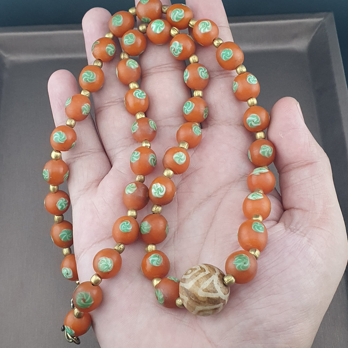 Vintage Venetian Style Orange Floral Glass With pumtek pyu Pendant Necklace